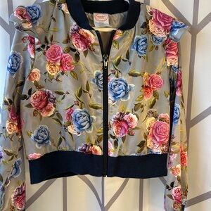 Wonder Nation Floral Satin Bomber Jacket - Gray with Blue and Pink